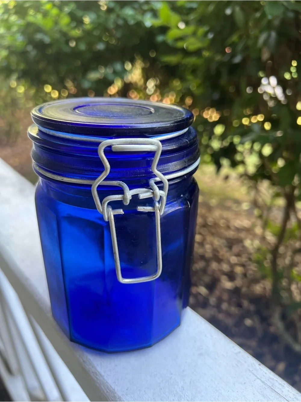 Cobalt Blue Paneled Glass Storage Jar - Wire Bale Hinged Locking Lid